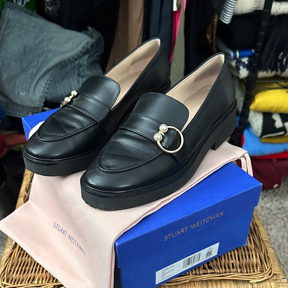 Stuart Weitzman Black Flats with Pearl Accent